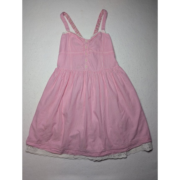 Cherokee Pink Stripe Cotton Sundress Lace Trim Button Front Size L - Picture 2 of 8